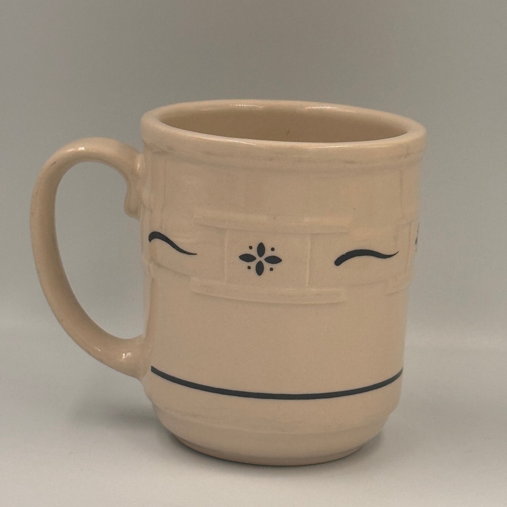 Longaberger Pottery Woven Traditions Ivory Blue Coffee Mug Made in USA 4 inch